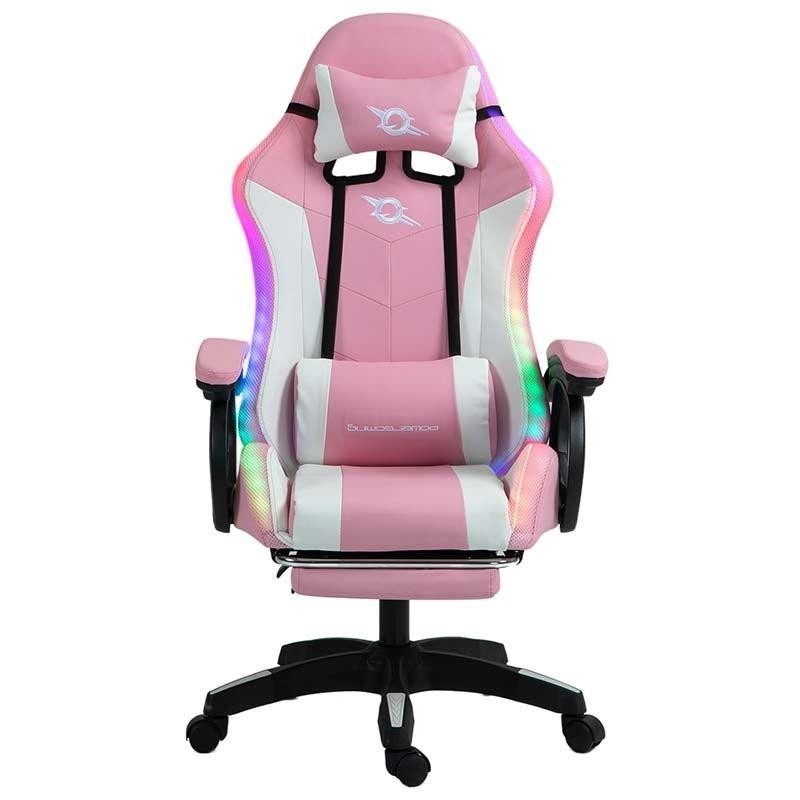 POWERGAMING SILLA GAMING LED RGB CON REPOSAPIES BLANCO/ ROSA INCLUYE COJINES CERVICAL Y LUMBAR