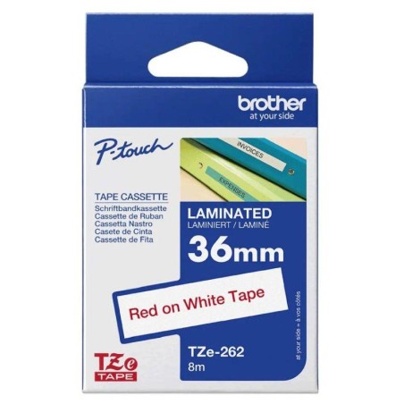 BROTHER CINTA LAMINADA TZE262 36MM TEXTO ROJO SOBRE FONDO BLANCO. ANCHO: 36 MM. LONGITUD: 8 M
