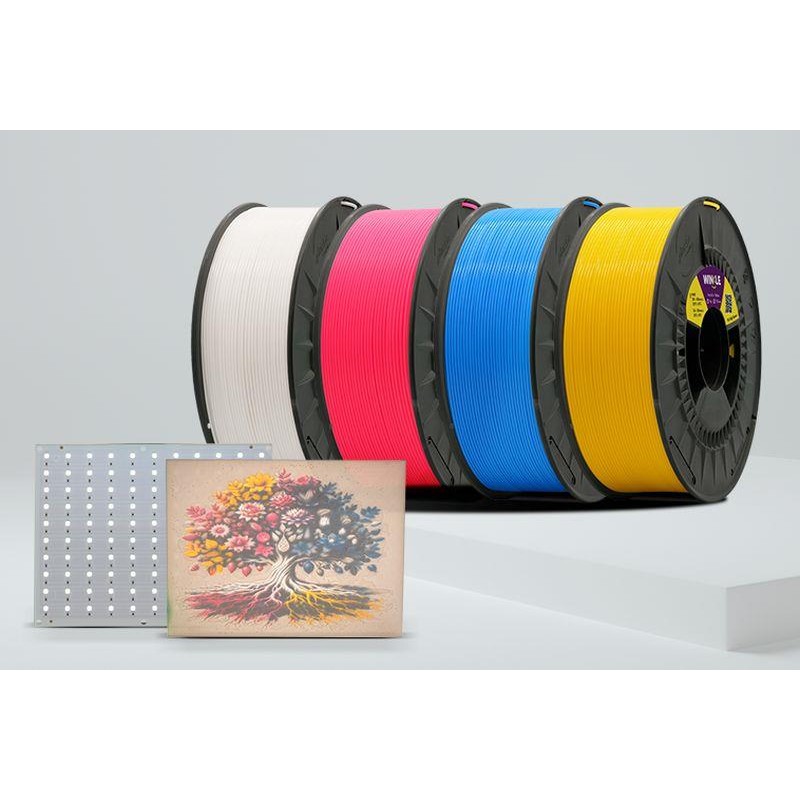 WINKLE FILAMENTO PACK LITOFANIA 300G + LUZ RETROILUMINACIÓN + 1KG TRANSICION 4 bobinas de 300 gr en los colores (Magenta, Cian, 