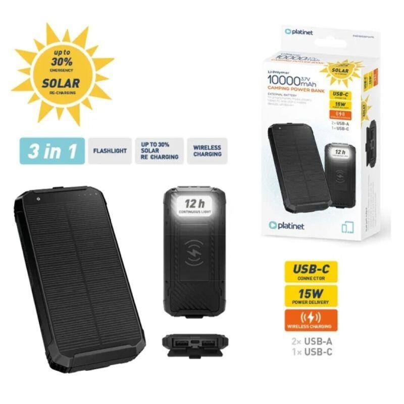 PLATINET POWERBANK 10000mAh CAMPING CARGADOR SOLAR INALÁMBRICO 15W NEGRO