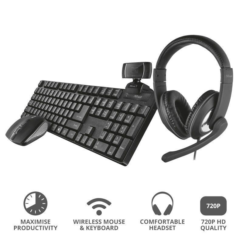 TRUST BUNDLE HOME OFFICE INCLUYE HEADSET RENO TECLADO Y RATON XIMO Y UNA WEBCAM TRINO HD