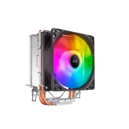 MARS GAMING VENTILADOR CON DISIPADOR MCPUARGB RGB ALUMINIO CON BASE DE COBRE 2 HEATPIPES HCT TPD 130W VENTILADOR DE 90mm SILENCI