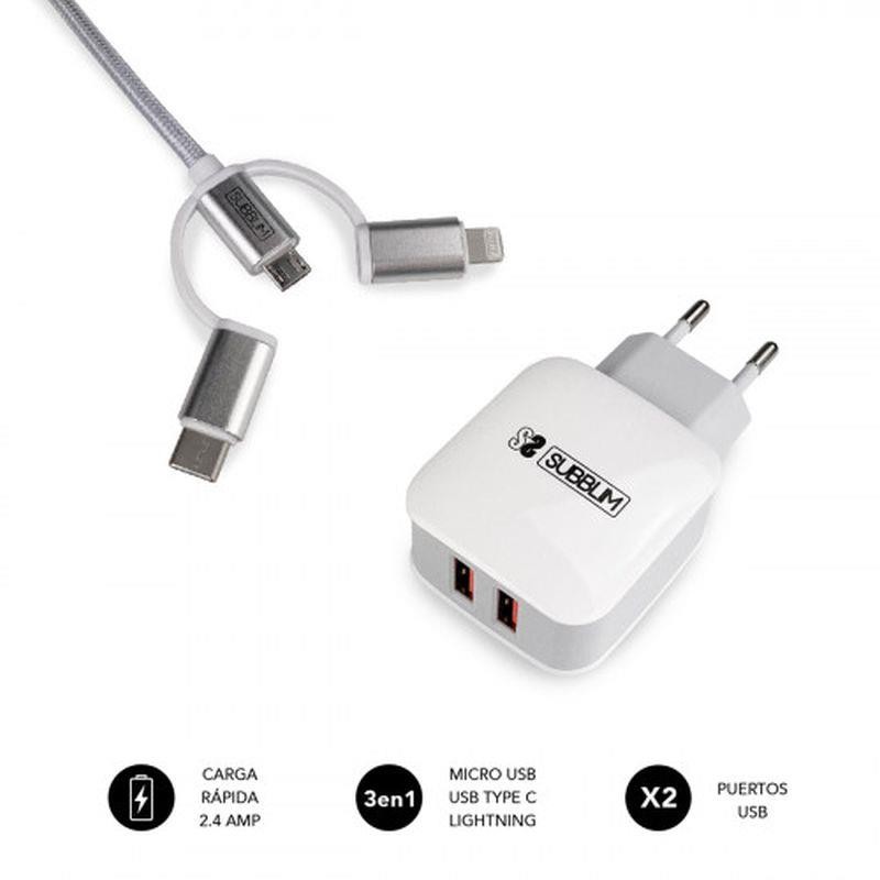 SUBBLIM CARGADOR SUB-CHG-1ZWC01 USB DE VIAJE/PARED 2xUSB (2.4A) + CABLE 3EN1 WHITE