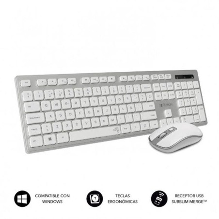 SUBBLIM TECLADO Y RATON INALAMBRICO COMBO WIRED ERGO KEYS SILENT FLAT HQ PLATA Y BLANCO