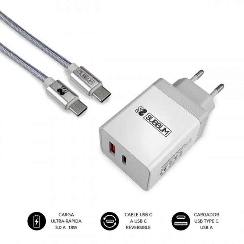 SUBBLIM CARGADOR SUB-CHG-3WPD01 USB + CABLE USB-C 2.4A BLANCO 18W