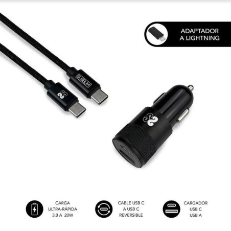 SUBBLIM CARGADOR DE COCHE PD20W+QC3.0 USB-C TO C + ADAPTADOR LIGHTNING BLACK