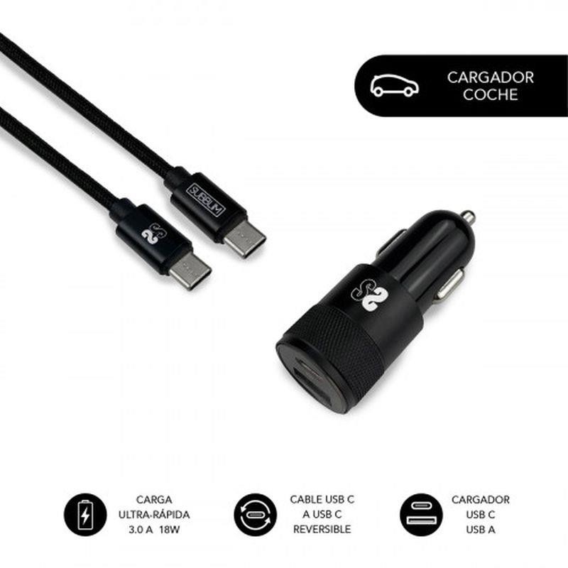 SUBBLIM DUAL PD CAR CHARGER PD18W+2.4A + C TO C CABLE BLACK