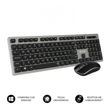 SUBBLIM TECLADO Y RATON INALAMBRICO COMBO WIRED ERGO KEYS SILENT FLAT HQ GRIS Y NEGRO