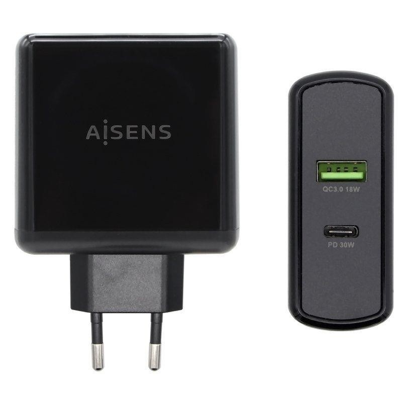 AISENS CARGADOR PARED 48W NEGRO 1xUSB-C PD3.0 30W, 1xUSB-A QC3.0 18W