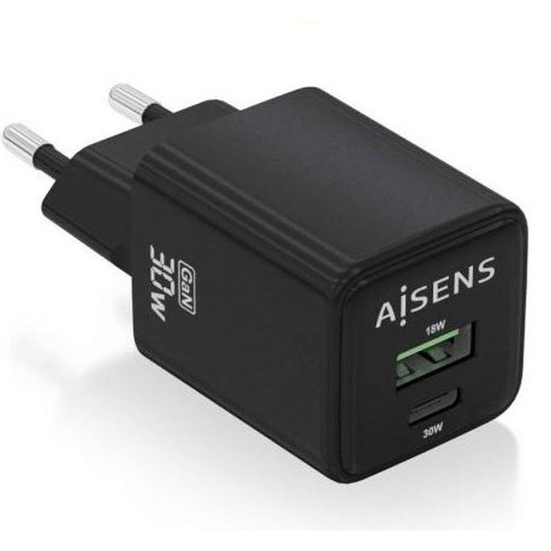 AISENS CARGADOR GAN DE PARED ASCH-30W2P037-W/ 30W/ 1XUSB/ 1xUSB-C / NEGRO