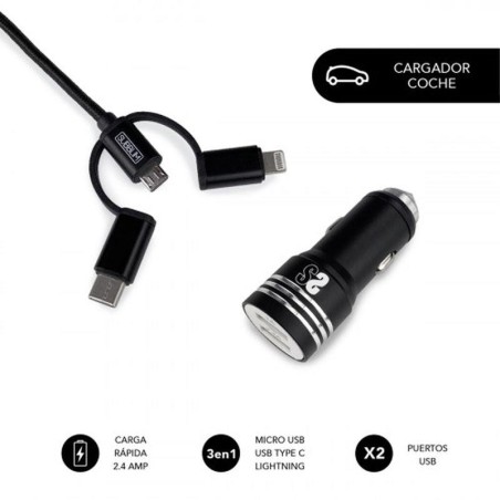 SUBBLIM CARGADOR DE COCHE SUB-CHG-4CC002/ 2XUSB + CABLE USB 3 EN 1/ 12W/ NEGRO