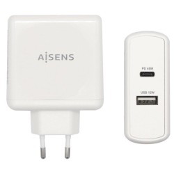 AISENS CARGADOR PARED 57W BLANCO 1xUSB-C PD3.0 45W, 1xUSB-A 5V/2.4A 12W