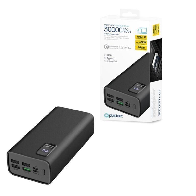 PLATINET POWERBANK 30.000mAh POLYMERO CARGA RAPIDA 3.0 NEGRO